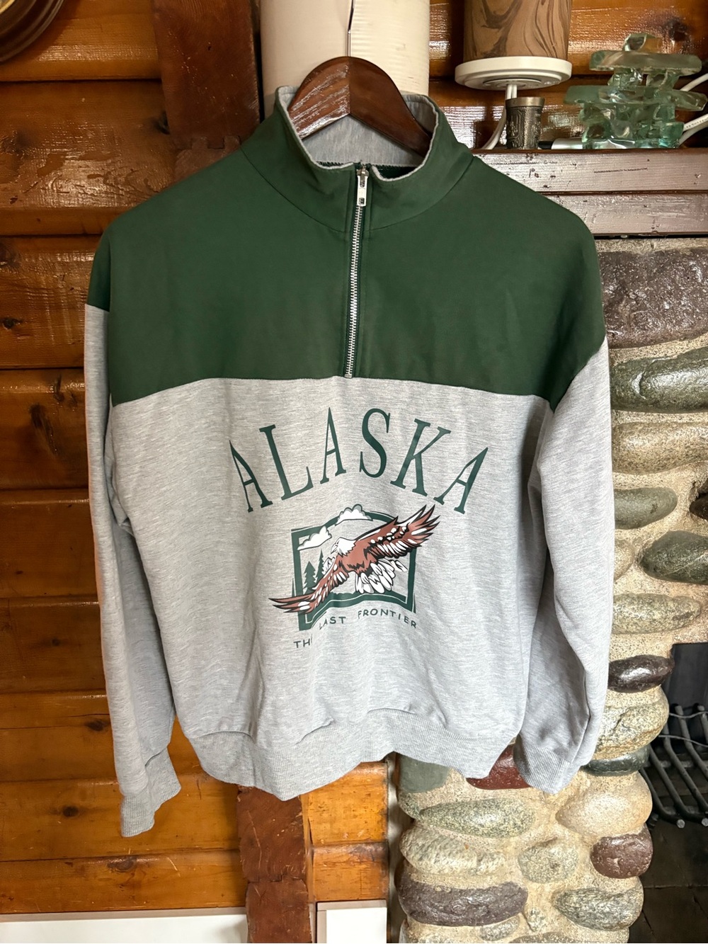 ROMWE Alaska Eagle Quarter Zip Sweatshirt Green Grey Y2K Outdoorsy